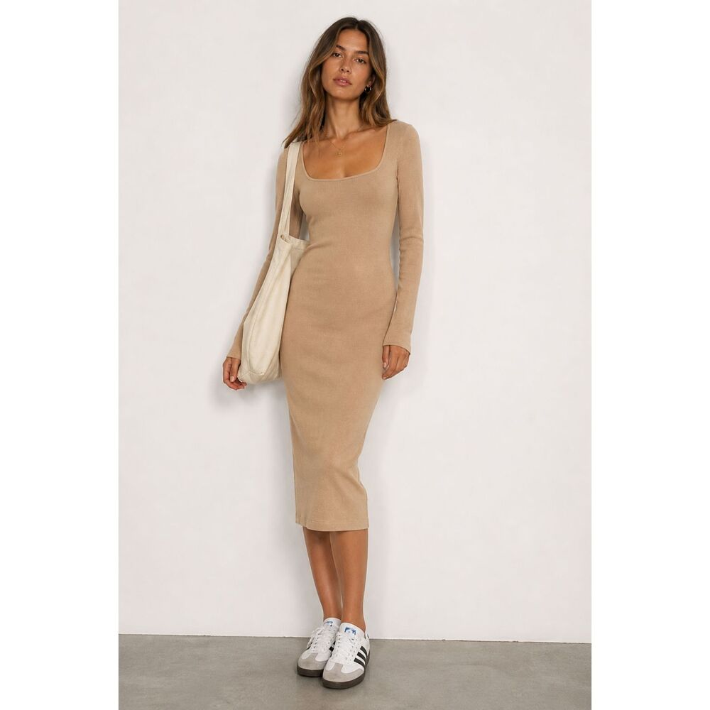 NWT Revolve MONROW Ribbed Bodycon Dress XS Square Neck Long Sleeve Tan Midi